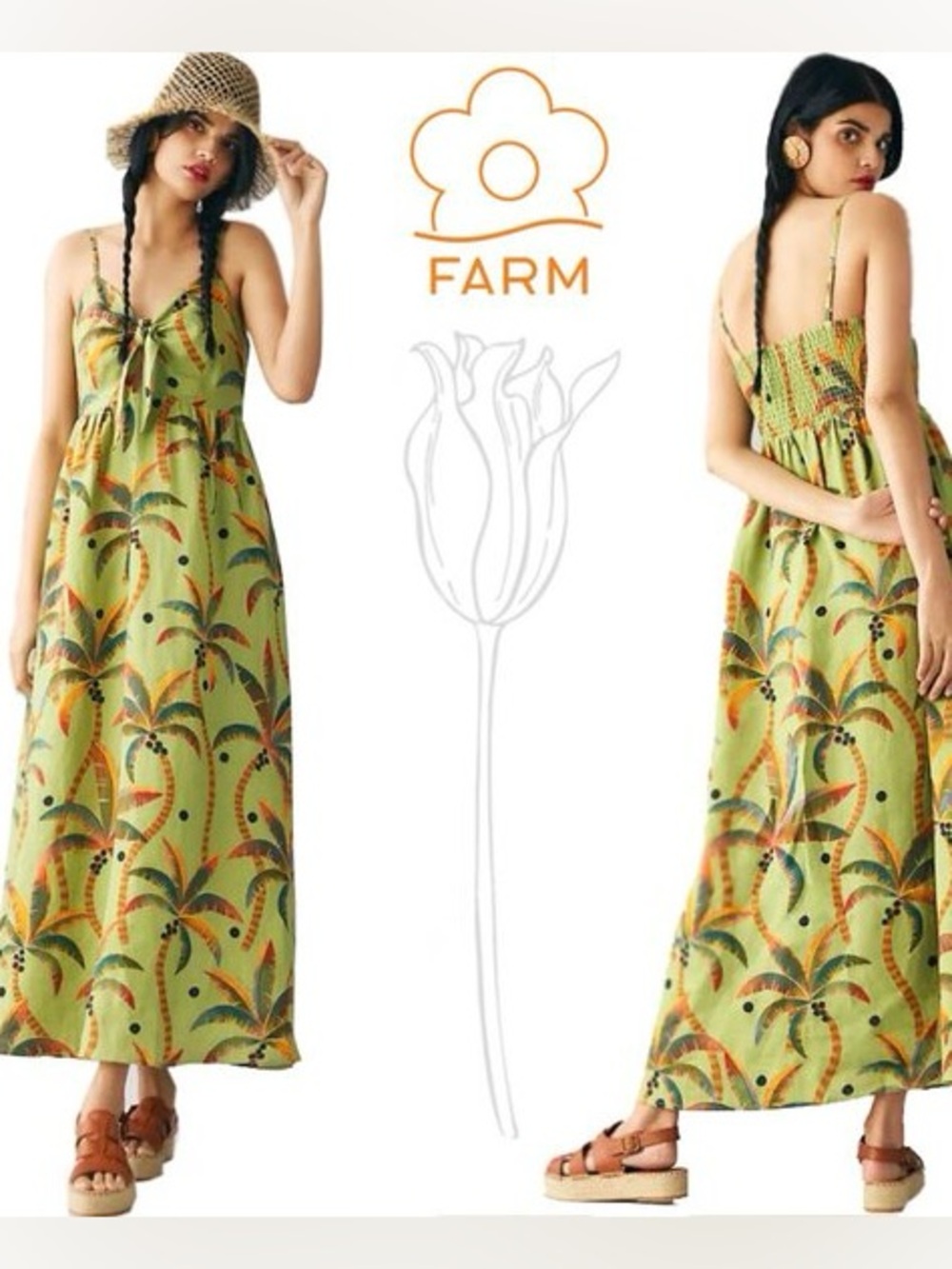Farm Rio Tie front palm tree Anthropologie dress linen